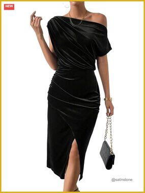 Off Shoulder Asymmetrical Velvet Midi Dress Short Sleeve Ruched Party Dress